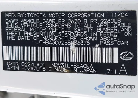 2005 Lexus Es 330 z USA, uszkodzony, nr VIN JTHBA30G255086375